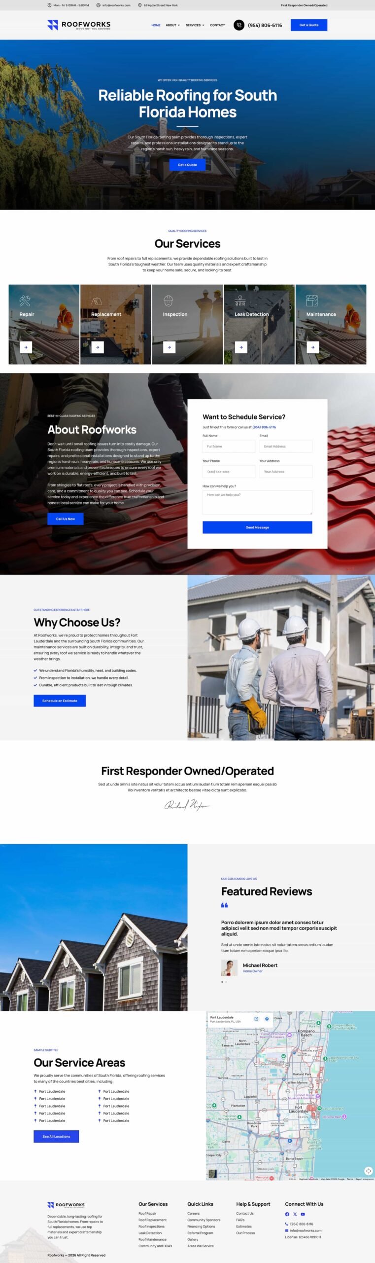 Screenshot of the Roofworks company website showing services offered, contact information, service areas in South Florida, customer reviews, and a map of service locations.