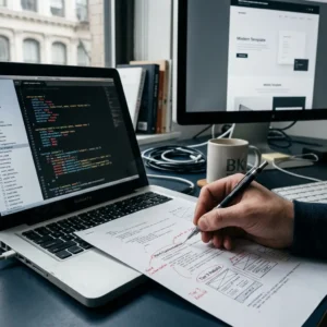 A person edits a website wireframe on paper with a pen, while a laptop displays code and a monitor shows a web template; a mug and books are on the desk.