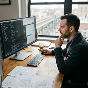 Man sitting at a desk working on a computer with coding software on the screen; papers, keyboard, and coffee mug are on the desk. AI