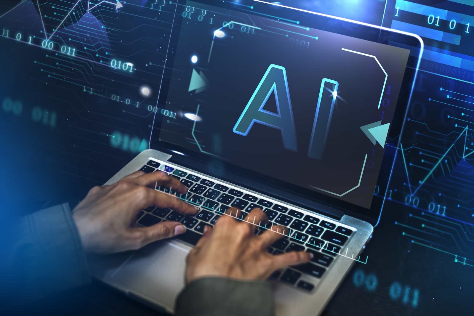 Person typing on a laptop with a digital interface overlay displaying the letters "AI" and binary code, representing artificial intelligence technology. AI Web Design and SEO
