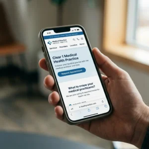 A person holds a smartphone displaying a medical practice website with options to request an appointment and information about medical practitioners. Medical Website
