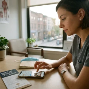 A woman in scrubs sits at a desk using a smartphone, with a pamphlet, a face mask, and a plant visible on the table. The Instagram Audit Every Doctor Should Run.