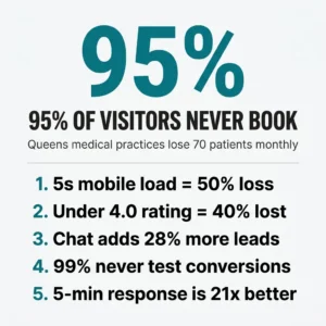 Infographic showing that 95% of visitors never book at Queens medical practices, listing reasons such as slow mobile load, low ratings, lack of testing, and slow responses. Converion Rate optimization