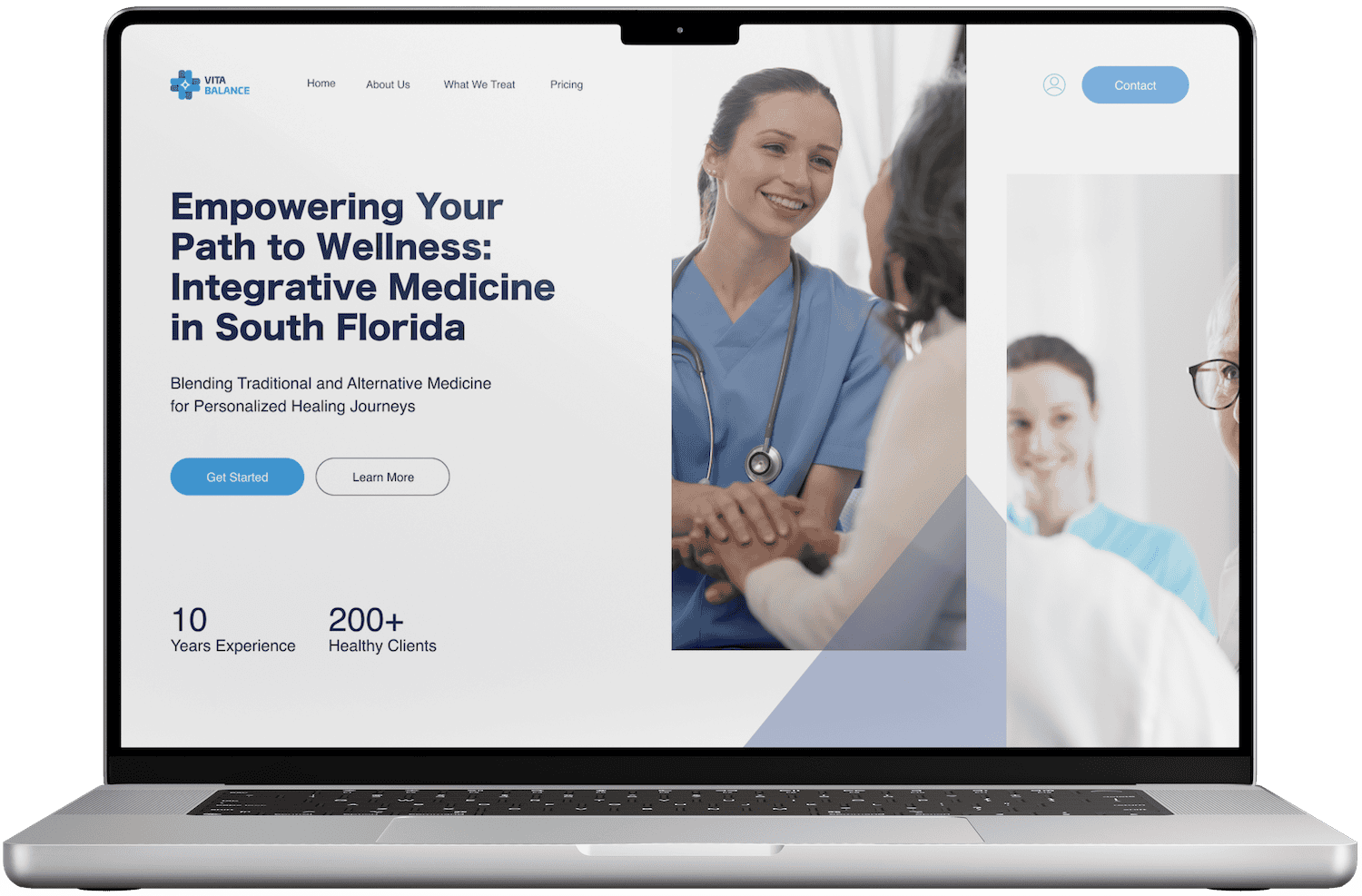 Laptop screen displaying a medical healthcare website with a headline about integrative medicine in South Florida, a nurse greeting a patient, and contact options on the right side.