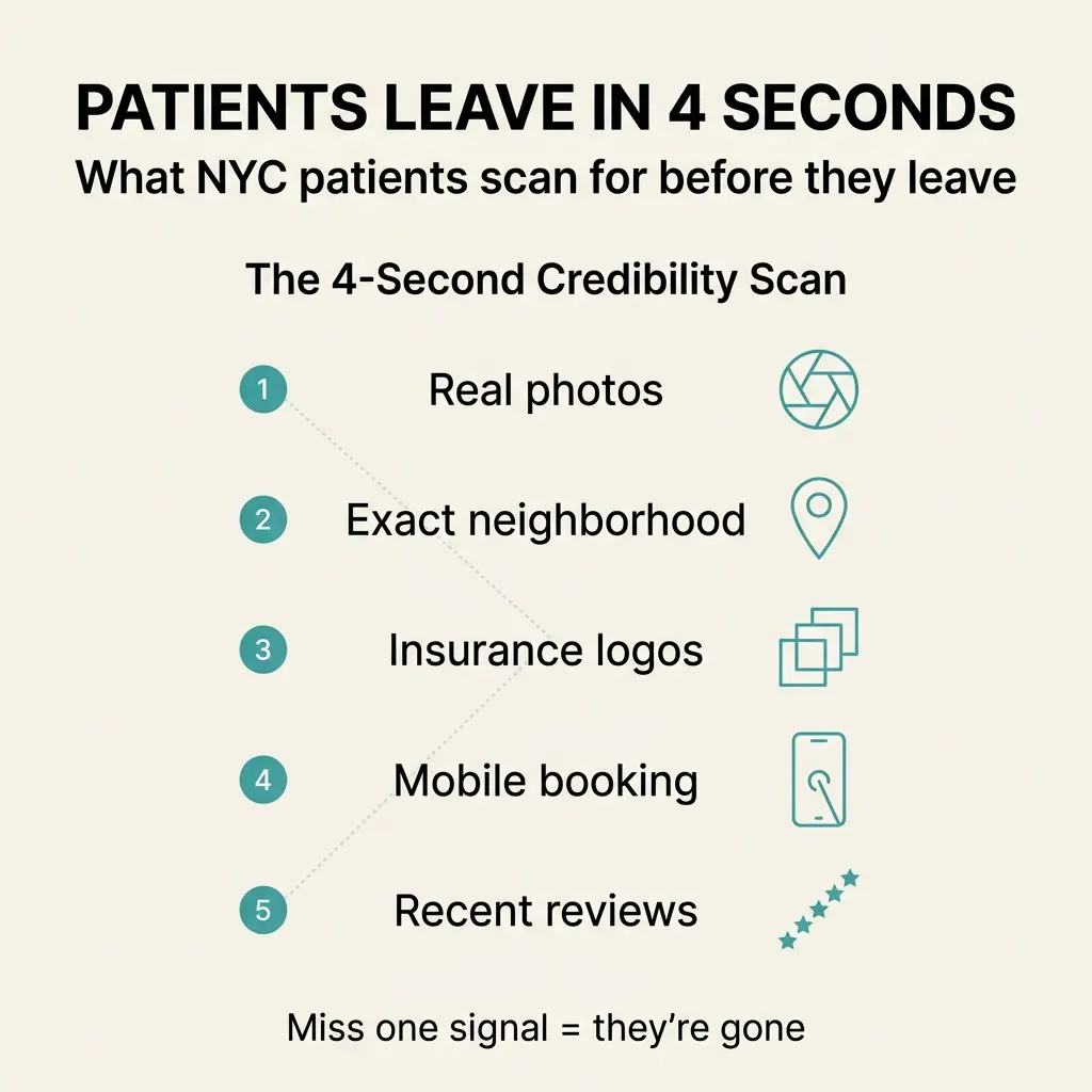 Infographic titled "Patients Leave in 4 Seconds" listing 5 credibility signals NYC patients look for: real photos, exact neighborhood, insurance logos, mobile booking, and recent reviews.