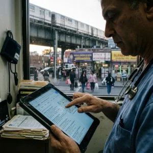 A person in scrubs uses a tablet to search Google, standing by a window with a city street, stores, and an elevated train visible outside.
