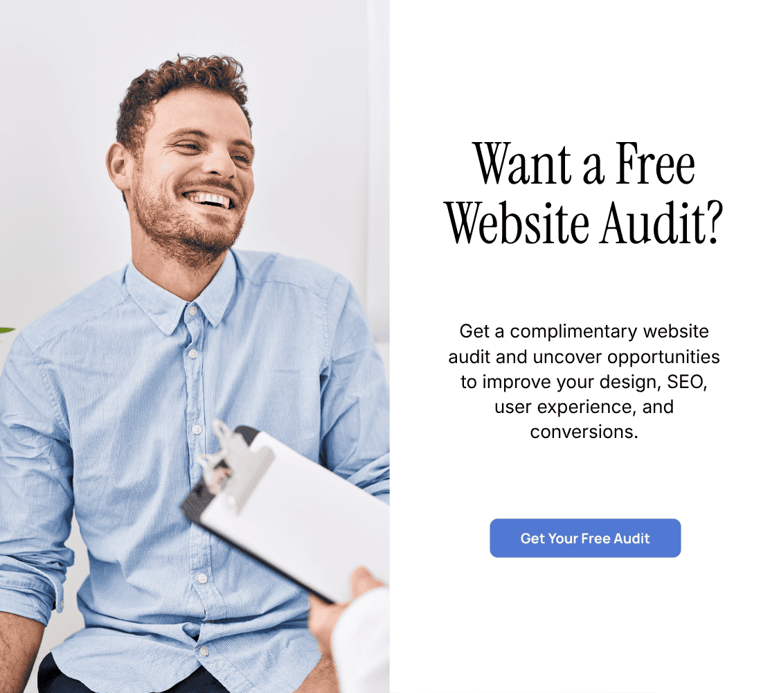Man smiling while talking to another person holding a clipboard, next to text offering a free website audit and a button labeled "Get Your Free Audit.