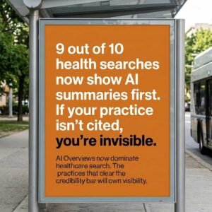 An orange billboard reads: "9 out of 10 health searches now show AI summaries first. If your practice isn’t cited, you’re invisible." Additional smaller text about AI overviews and visibility.