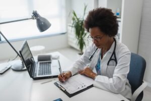 A doctor wearing a white coat and stethoscope fills out paperwork at a desk with a laptop, lamp, and clipboard in a medical office.