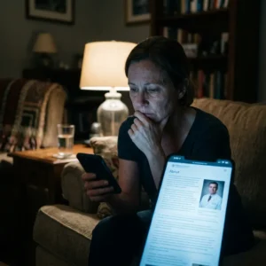 A woman sits on a couch at night, looking intently at her phone, while a tablet displaying a doctor’s profile page in the foreground highlights the digital journey behind patient conversions.