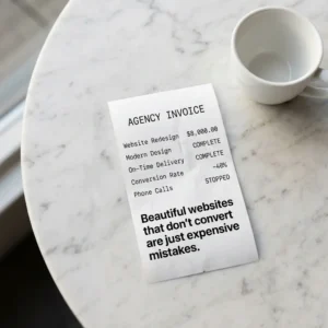 A receipt on a marble table next to a cup lists website services, ending with the message: “Beautiful websites that don’t convert are just expensive mistakes.”. Medical practice web design