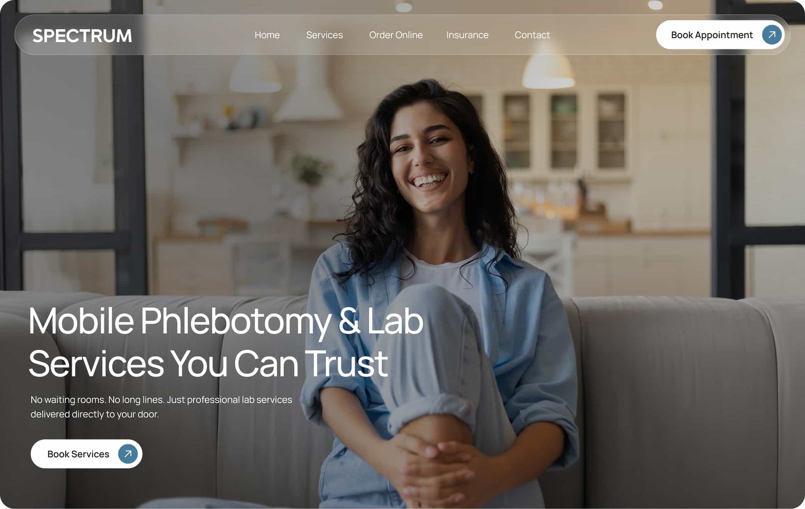 Medical Services A woman sits smiling on a couch in a modern living room. The website overlay promotes mobile medical phlebotomy and lab services with options to book services or appointments.