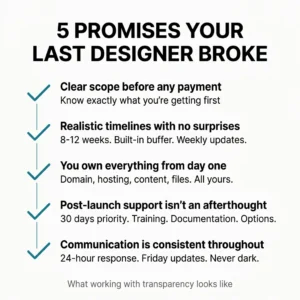 A checklist titled "5 Promises Your Last Designer Broke," featuring essential promises like clear scope, realistic timelines, ownership, post-launch support, and consistent communication.