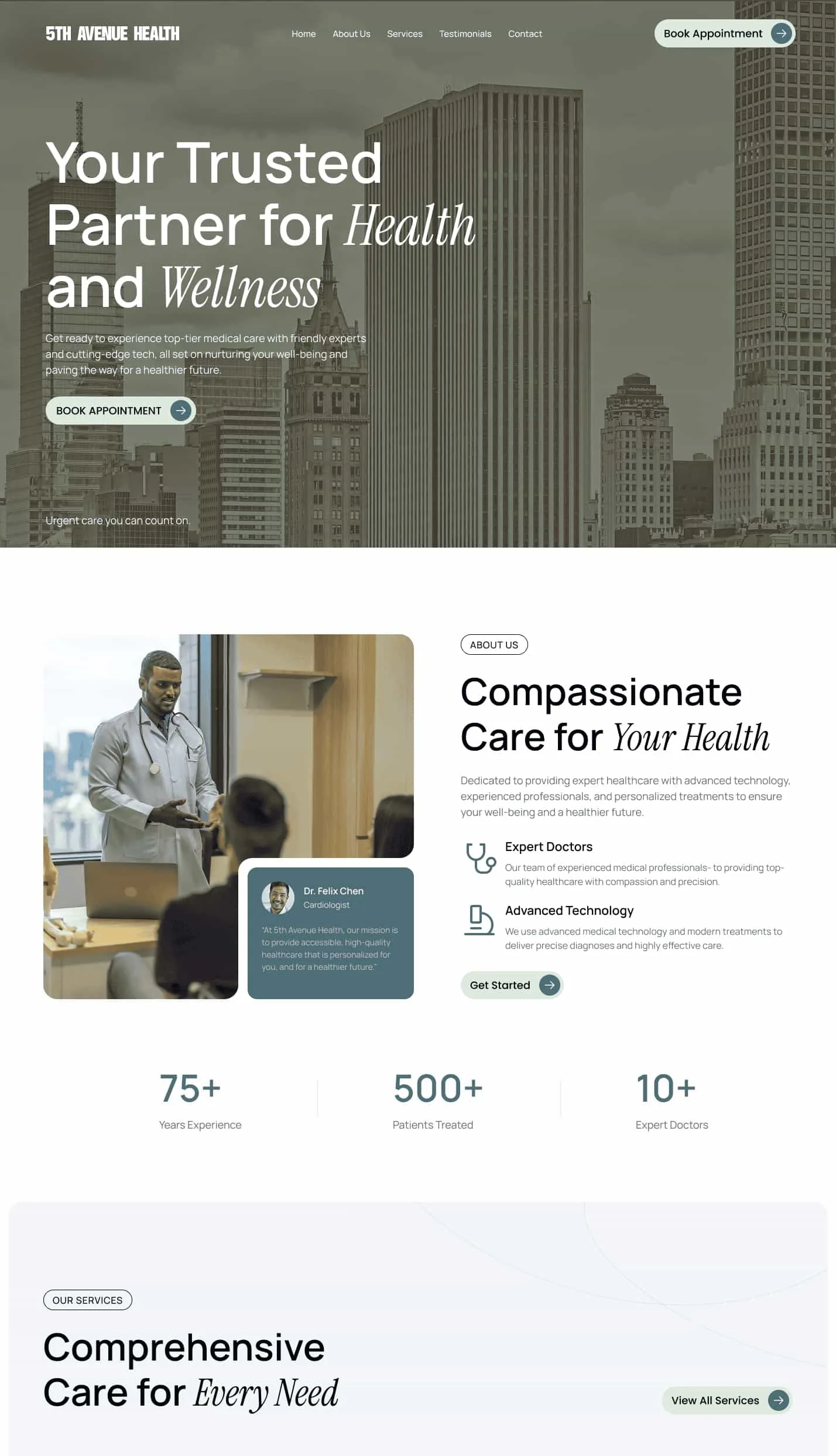 Homepage of a health clinic website expertly designed by a Medical Web Designer, featuring city buildings reminiscent of NYC in the background. The homepage includes trust-focused text, detailed care information, a doctor photo, and essential statistics on experience, patients served, and expert doctors—all SEO-optimized for maximum online visibility.