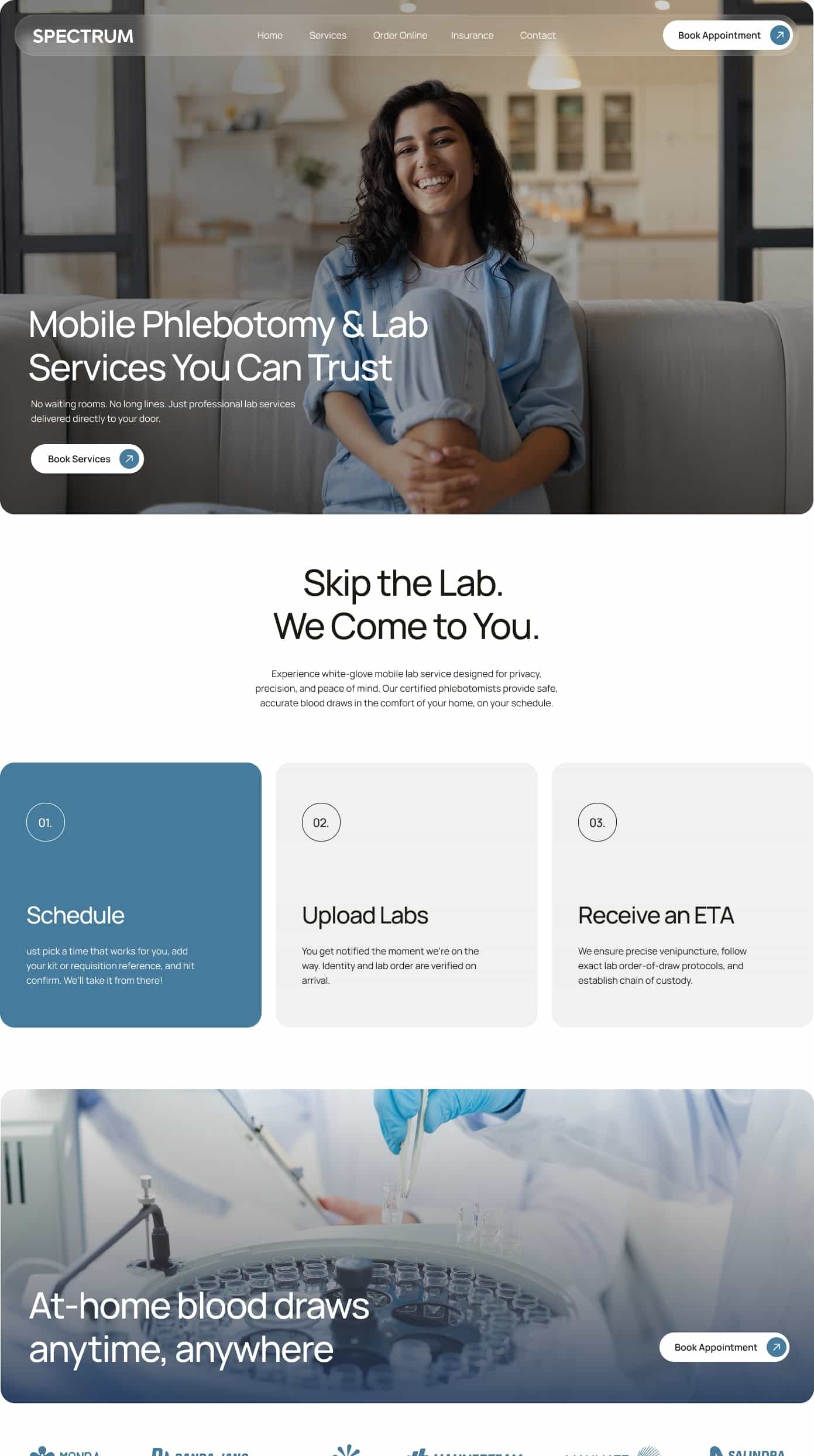 A woman sits on a couch smiling; the website, crafted by an expert Medical Web Designer in NYC, advertises mobile phlebotomy and lab services, highlighting easy scheduling, lab uploads, and at-home blood draws—all optimized for SEO to reach those who need convenient care.