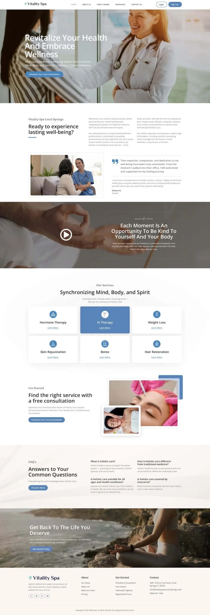 Website homepage for a wellness spa in NYC, thoughtfully designed by a skilled medical web designer to optimize SEO. Explore inviting sections for services, testimonials, FAQs, and serene images of peaceful spa treatments with people relaxing and receiving expert care.