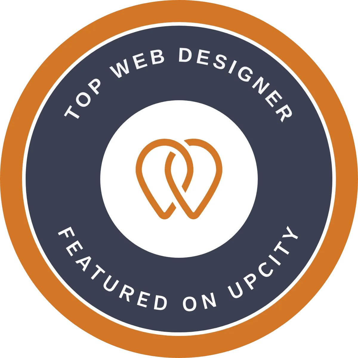 Circular badge with orange border. Text reads “Top Web Designer Featured on UpCity.” Center features a minimalist orange logo on a dark background.