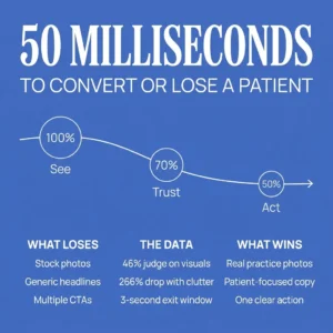 A blue infographic highlights that it takes just 50 milliseconds on the homepage to convert or lose a patient, featuring statistics on visual impact, trust, and best practices for medical websites.