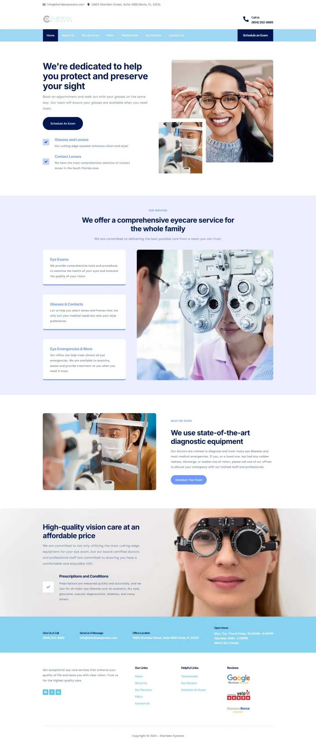 Eyecare clinic website with images of eye exams, patients, and optometrists; features sections on services, advanced equipment, vision care pricing, and contact information. Designed by an experienced Medical Web Designer in NYC to ensure optimal SEO for enhanced online visibility and patient engagement.