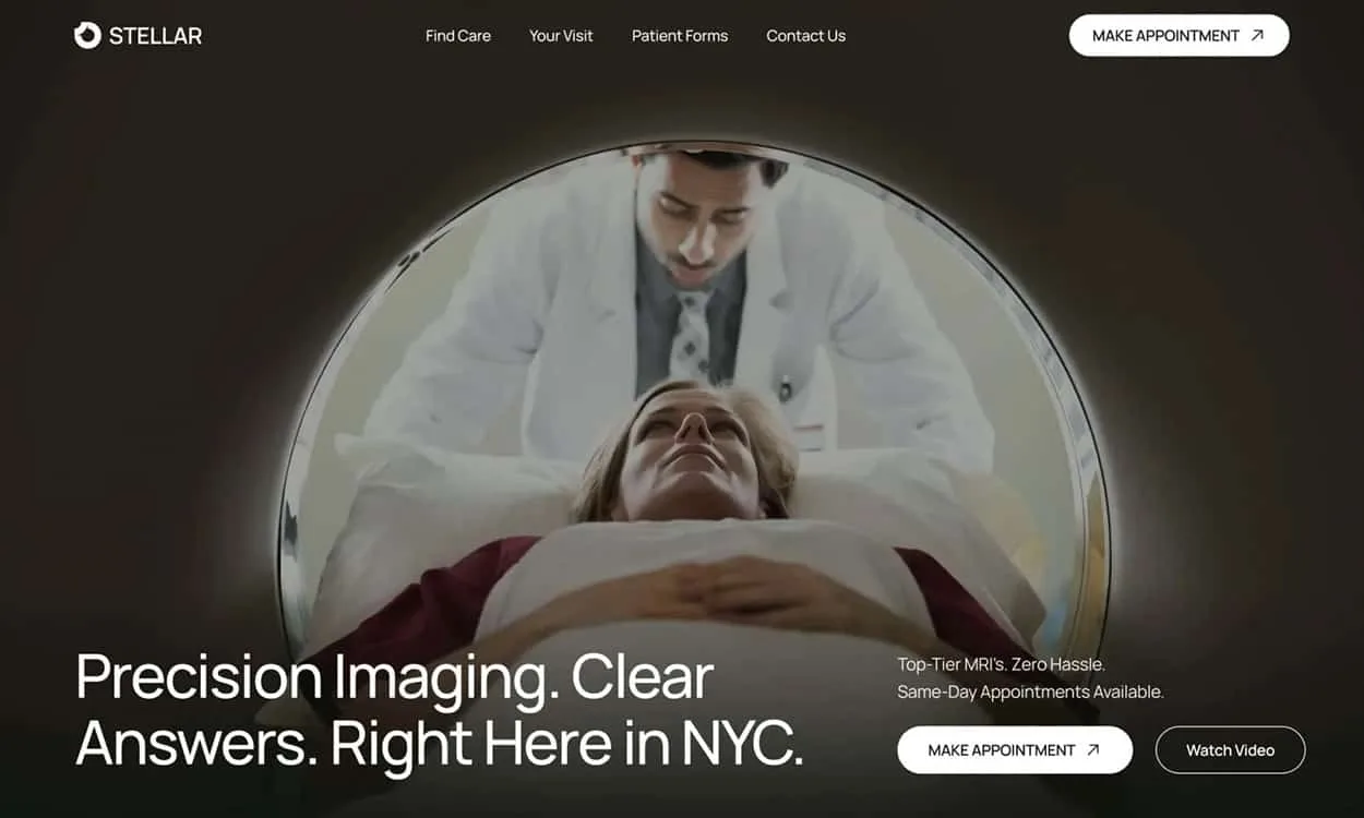 A woman lies inside an MRI machine as a doctor observes from behind. Website text, expertly crafted by a Medical Web Designer with an eye for SEO, offers MRI services and appointment options in NYC.