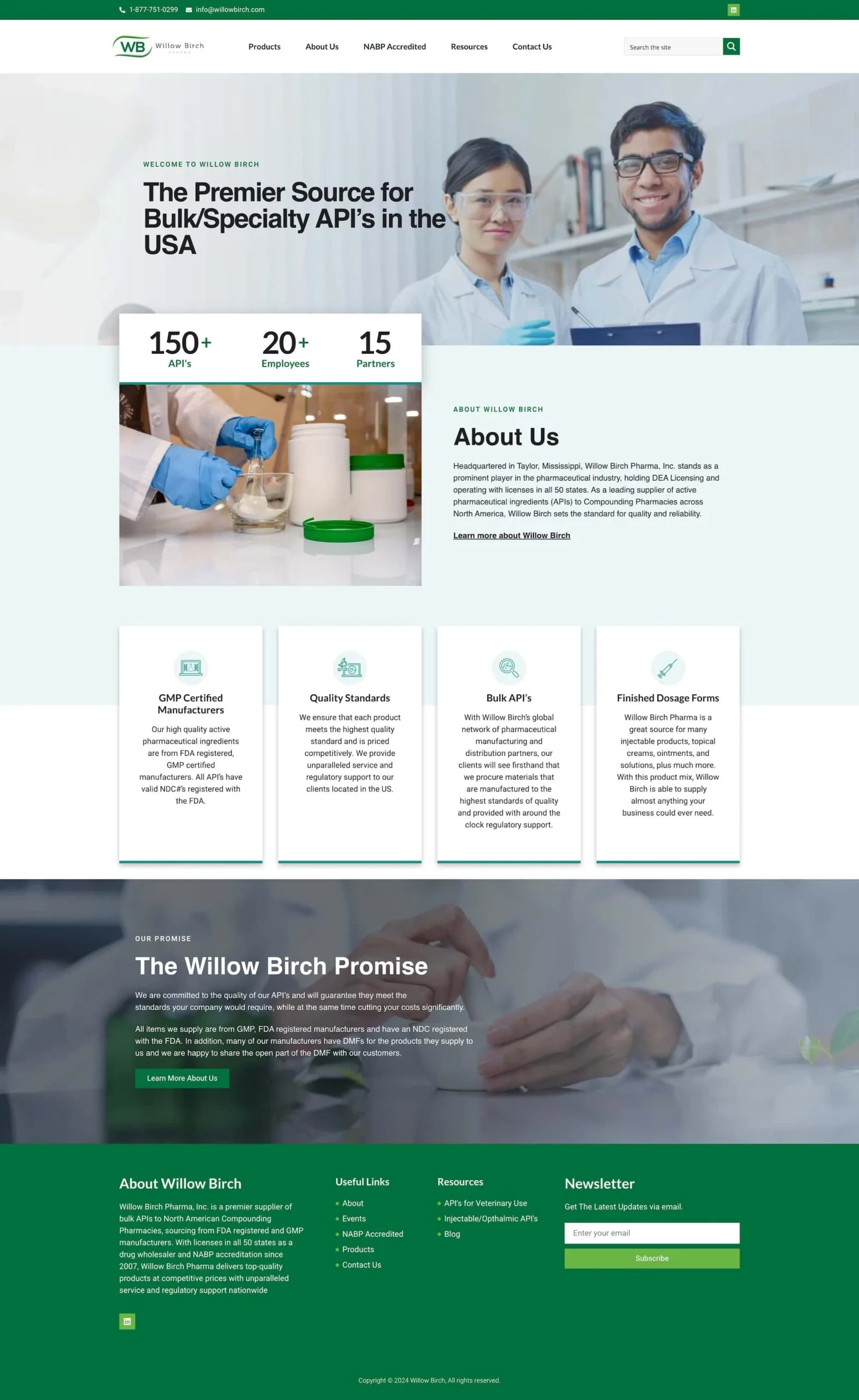Two scientists in lab coats and goggles stand behind a lab bench with bottles and equipment; website text, crafted by a skilled Medical Web Designer in NYC, promotes bulk pharmacy APIs and company information while ensuring strong SEO performance.