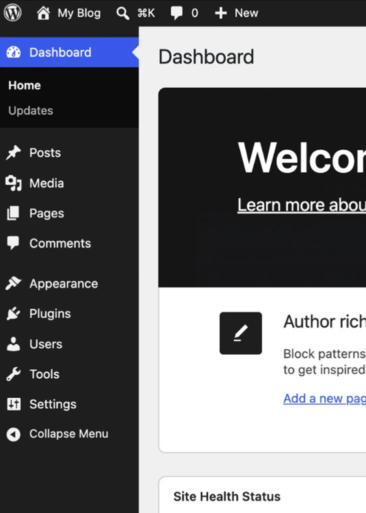 Screenshot of a WordPress dashboard showing the left sidebar menu with options like Posts, Media, Pages, Comments, and the main dashboard welcome screen.
