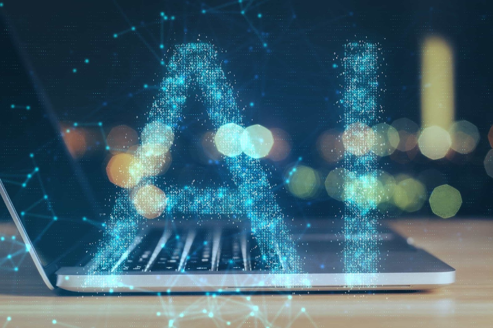 Open laptop with glowing blue “AI” letters and digital network graphics overlaid, city lights blurred in the background.