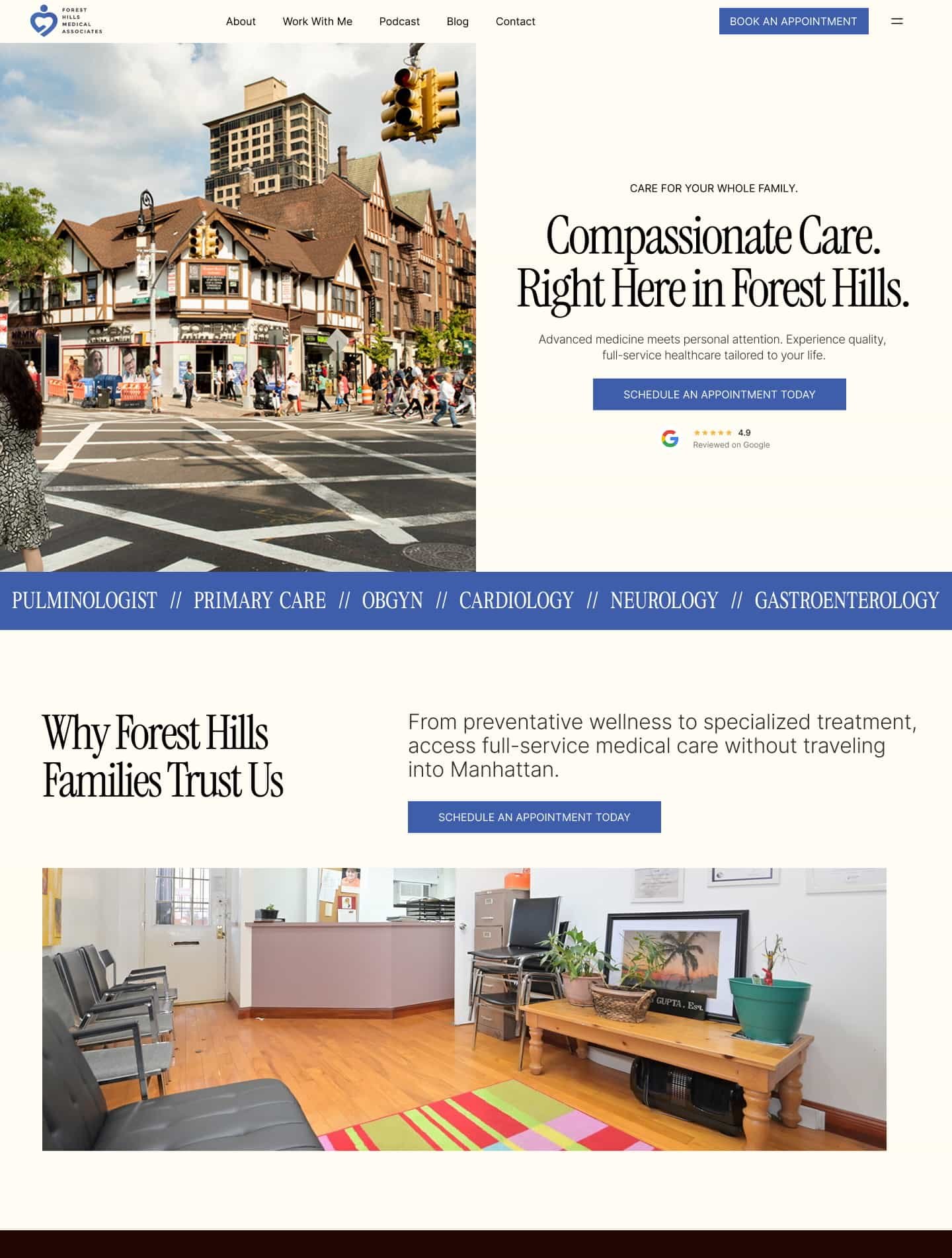 Street view of Forest Hills with pedestrians and shops; below, a clinic waiting room with chairs and plants, showcasing Sheridan Eye Care’s healthcare service offerings and appointment scheduling options.