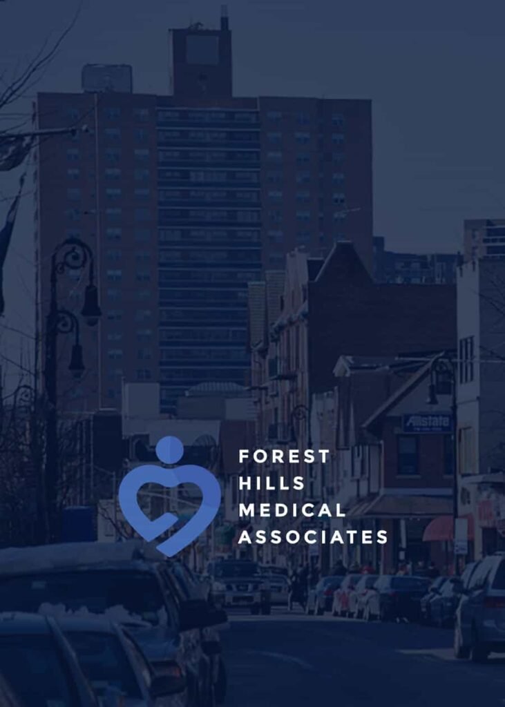 Street view with parked cars and buildings under a tall apartment complex, overlaid with the Forest Hills Medical Associates logo and text. Brian Schnurr Web Design and SEO in Forest Hills NY 11375