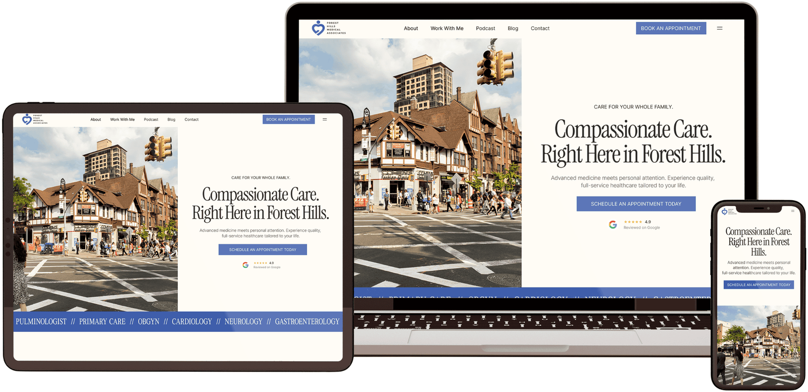 A website for a Forest Hills healthcare clinic is shown on a tablet, laptop, and smartphone, each displaying the same homepage with a building and street view photo.