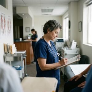 A healthcare professional in blue scrubs writes on a clipboard while standing in a medical office with another person seated nearby, exemplifying the attentive care and organization that Healthcare SEO strategies seek to highlight online. Healthcare SEO
