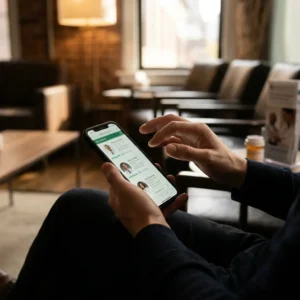 A person sits in a waiting room, holding a smartphone and browsing a list of doctor profiles on a medical app, highlighting the importance of patient acquisition in modern healthcare. 