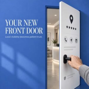 A hand opens a door shaped like a smartphone, revealing a modern office. Text on the wall reads, “Your new front door. Google Business Profile turns local visibility into patient trust.”. Google Business Profile