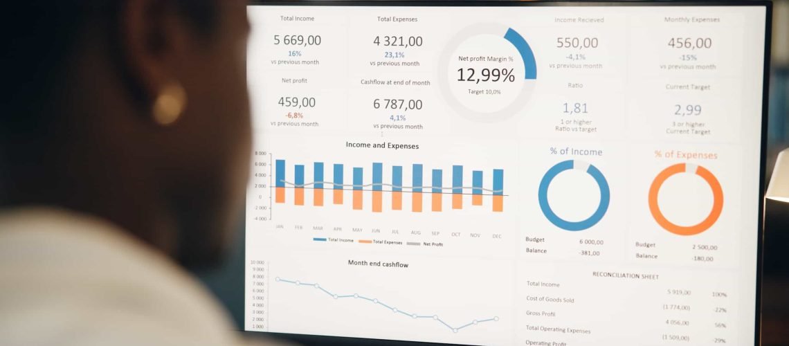 A person views a computer screen displaying financial dashboards with charts, graphs, and data summaries on income, expenses, and performance metrics. How to Add Google Analytics to Your WordPress Site