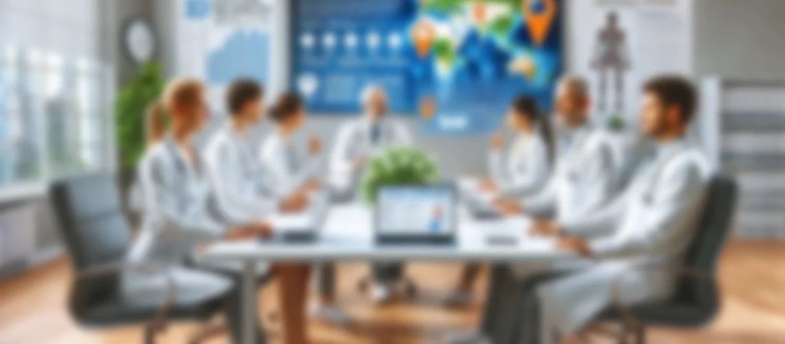 A group of people in white coats are seated around a conference table, attentively looking at a large monitor displaying a map with various local SEO data points.