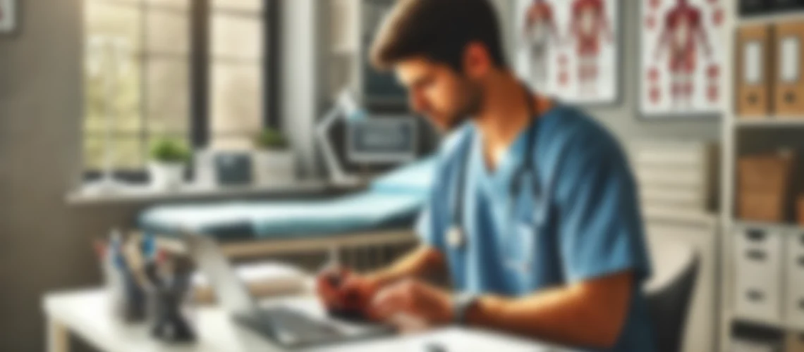 A healthcare professional in scrubs is seated at a desk, working on a laptop and writing in a notebook in a well-lit medical office. Medical diagrams and equipment are visible in the background.