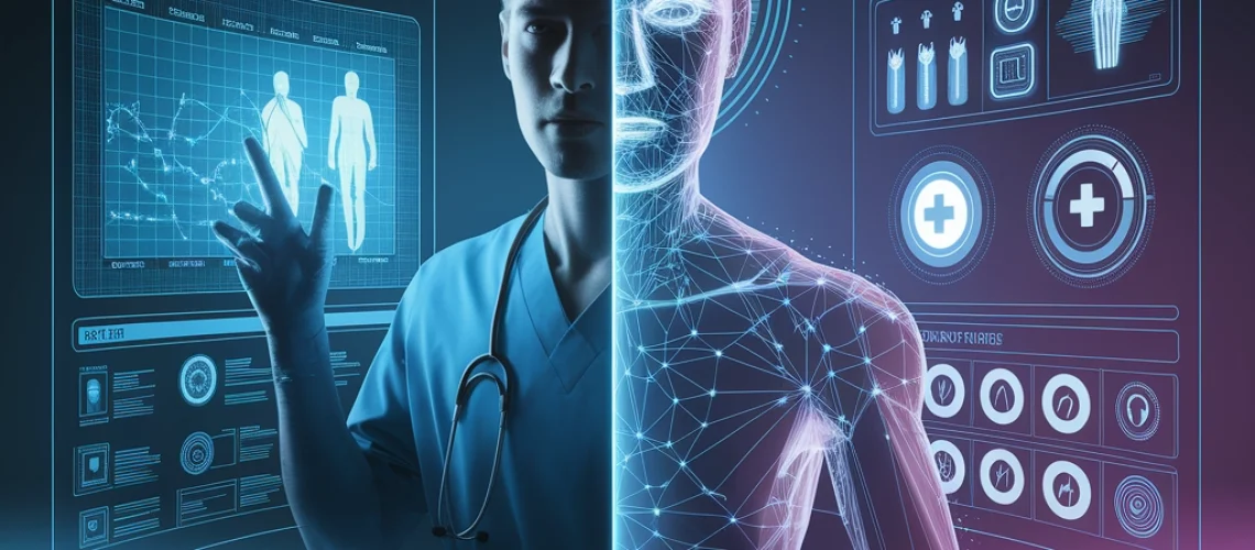 A medical professional interacts with a holographic digital interface featuring AI Overviews—a split image of a human, half real and half virtual—surrounded by futuristic medical data displays. What Are AI Overviews and Zero-Click Searches?