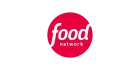 Food Network logo featuring the word "food" in lowercase white letters and "network" beneath it, both set on a red circular background with a rightward red extension.