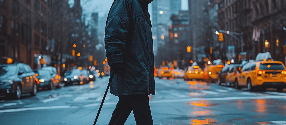 A person with a cane is crossing a new york city street at dusk, with taxis and buildings in the background.