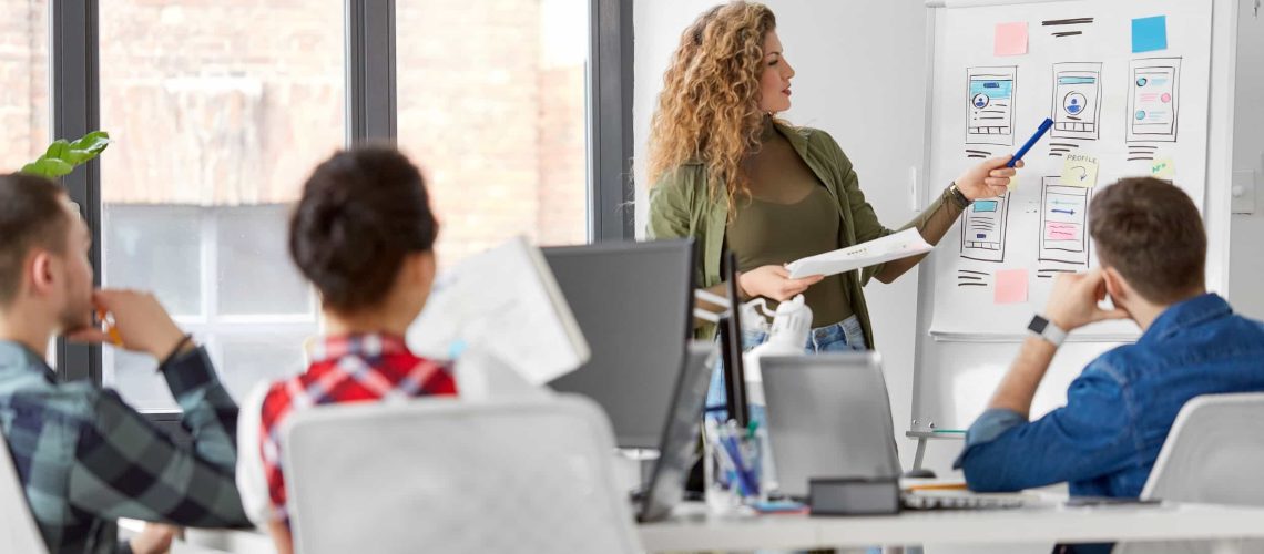 web-design-in-nyc A woman presents mobile app wireframes on a flip chart to three seated colleagues in a modern office setting, sparking ideas on how to refresh my website.