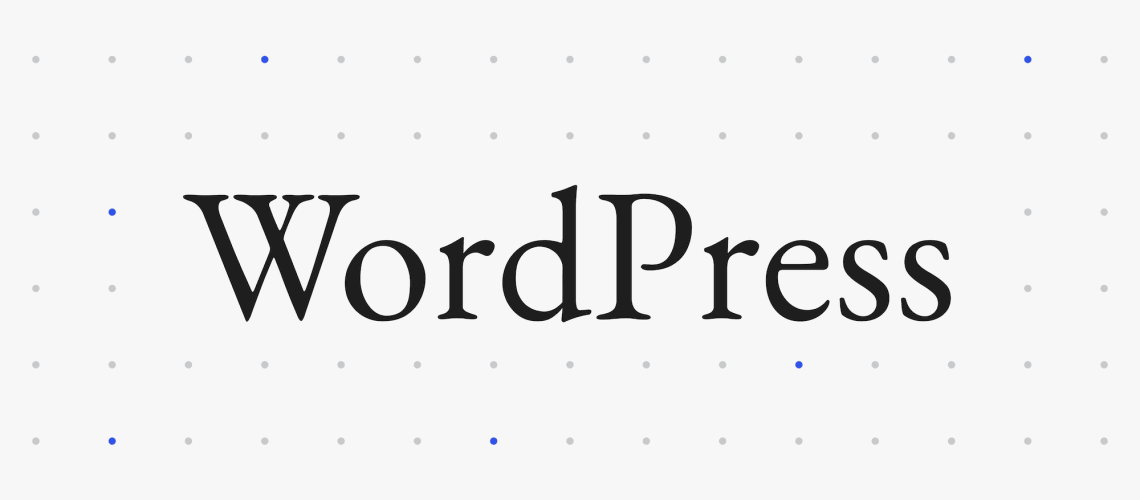 Logo of wordpress on a white background with blue dots surrounding the text.